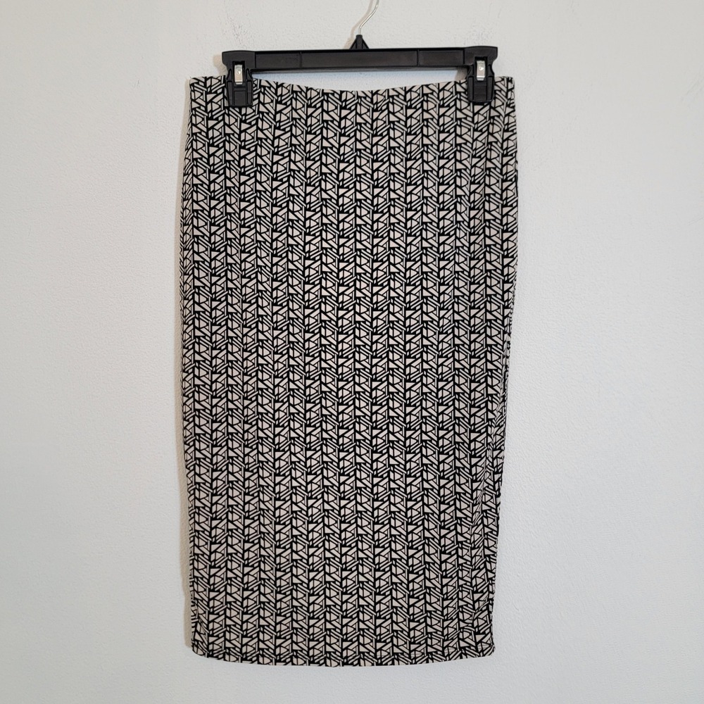 Vince Camuto Black White Geometric Print Pencil Skirt Stretch Lined Knee Length‎